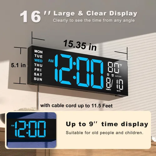 Vista 2 de JALL Reloj de pared grande de 16" digital con montaje en pared, temporizador de cuenta regresiva, alarma, LED grande, color RGB, horario de verano