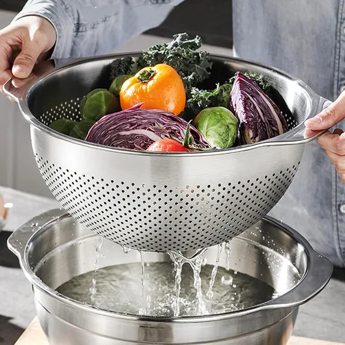 Vista 6 de Juego de 3 coladores de acero inoxidable para cocina, colador de pasta para arroz, alimentos, frutas, espaguetis y verduras