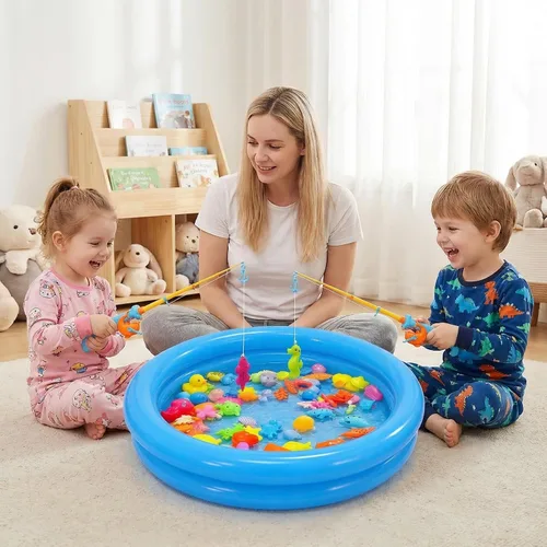 Vista 5 de Juego de pesca magnético, juguetes de piscina para niños, mesa de agua, tina, juguete de pesca con piscina inflable, piscina de agua juguetes al