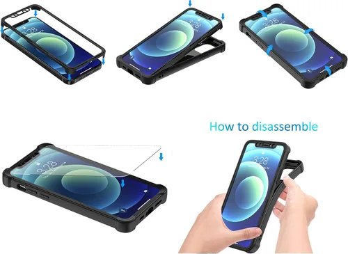 Vista 7 de ORETECH Funda para iPhone 12 con 2 piezas de protector de pantalla de vidrio templado, 2 en 1, TPU suave antiarañazos, parte trasera de Negro
