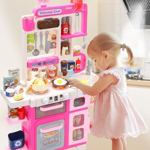 Vista 9 de CUTE STONE Juego de cocina para niños, juego de cocina con sonido y luz, estufa de cocina con vapor, fregadero de juguete, juguete de comida
