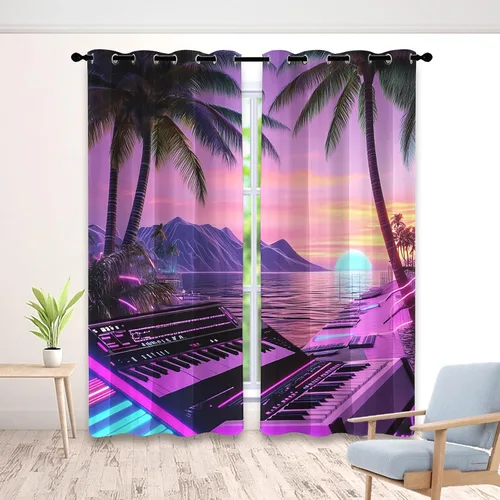 Vista 10 de Synthwave - Cortinas opacas para ventanas de cocina, cortinas de neón Cyberpunk City para decoración de dormitorio, sala de estar, cortinas retro