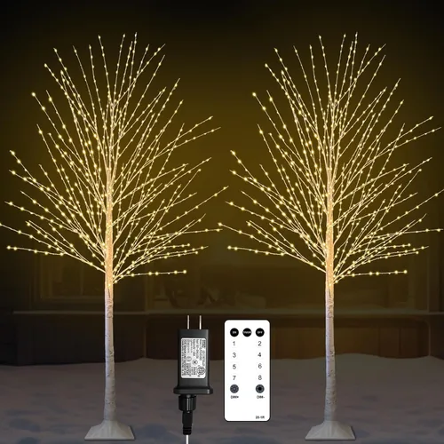 Vista 11 de Árbol de abedul iluminado de 4 pies con 400 luces LED de color blanco cálido, 8 modos, temporizador remoto de árbol de Navidad, árbol de Navidad
