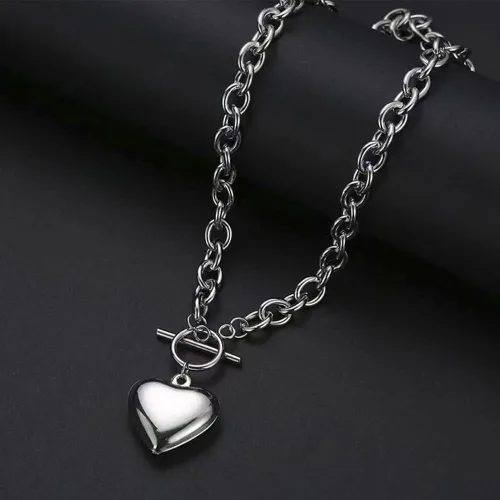Vista 6 de Collar con dije de corazón de acero inoxidable plateado, gargantilla con dije de cadena de cable, joyería para mujeres y niñas