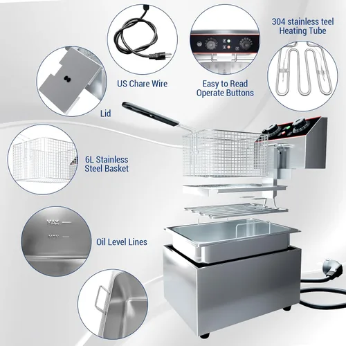 Vista 3 de GarveeHome Freidora comercial con canasta, 6.3 QT/6 L de acero inoxidable freidora eléctrica para encimera con control de temperatura