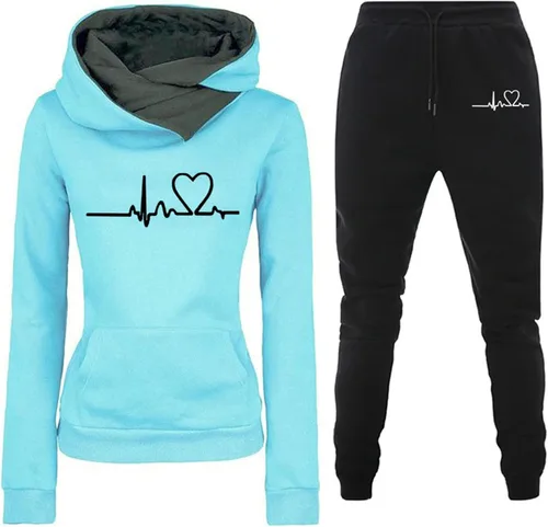 Vista 2 de Conjunto deportivo de 2 piezas para mujer, sudadera con estampado de corazón y pantalones a juego, sudadera con capucha y bolsillo