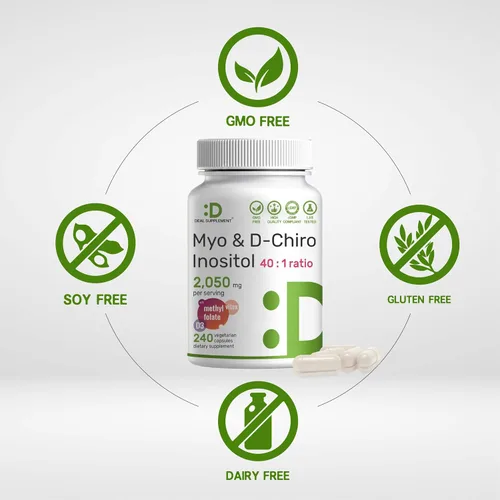 Vista 3 de Suplemento de Myo-Inositol y D-Chiro Inositol para Mujeres (40:1) 2,050 mg por Porción 240 Cápsulas Vegetarianas con Folato, Vitamina D3