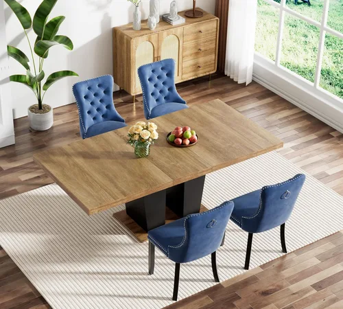 Vista 108 de Juego de mesa de comedor extensible marrón de 63 a 78.74 pulgadas para 4, juego de mesa de comedor de 5 piezas con 4 sillas, mesa de cocina