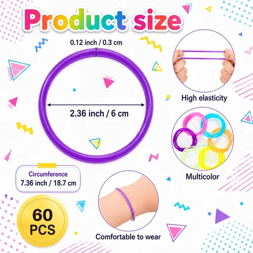 Vista 2 de 60 pulseras de gelatina de los años 80 para adultos, pulseras de goma de neón de MAQIHAN para mujeres, brazaletes de gelatina de los años 80, bandas