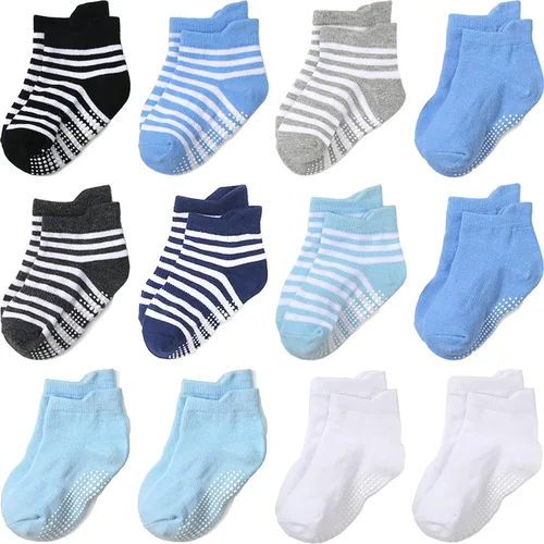 Vista 28 de Calcetines antideslizantes con agarre para tobillos, paquete de 12 unidades para niños pequeños, niños y niñas, lindos calcetines de algodón