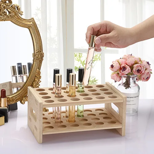Vista 3 de ELLDOO Organizador de perfume Rollerball, soporte de almacenamiento de perfume de bambú para 24 espacios, soporte de aroma de belleza con asa