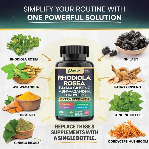 Vista 5 de Rhodiola Rosea Panax Ginseng Ashwagandha Cordyceps Champiñón Cúrcuma Ginkgo Biloba Ortiga Adaptógeno Mezcla Suplemento Cápsulas para Apoyo Diario