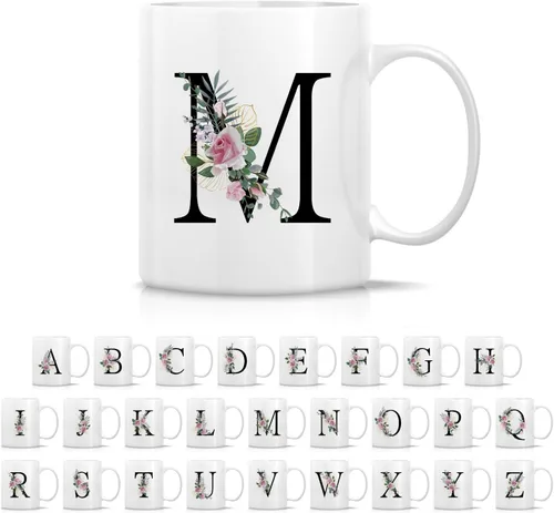 Vista 20 de Retreez Ramo botánico floral inicial A-Z con monograma, taza con monograma de cerámica de 11 onzas, regalo de agradecimiento de agradecimiento
