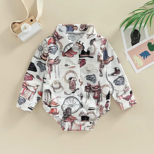 Vista 2 de Kayotuas Ropa occidental para bebé, camisa vaquera, mameluco de manga largacorta, con botones, mono para caballero