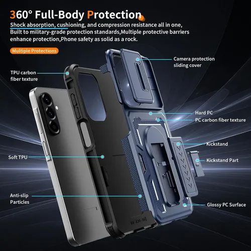 Vista 5 de Funda para Galaxy A16 5G, con funda protectora de cámara y soporte, funda de teléfono de doble capa que absorbe los golpes compatible con Samsung