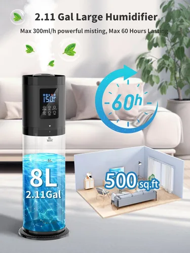Vista 2 de Humidificadores de 8L para Dormitorio, 30dB Silencioso, Cobertura de 500 pies², Tiempo de Funcionamiento de 60H, Llenado Superior, Humidificador