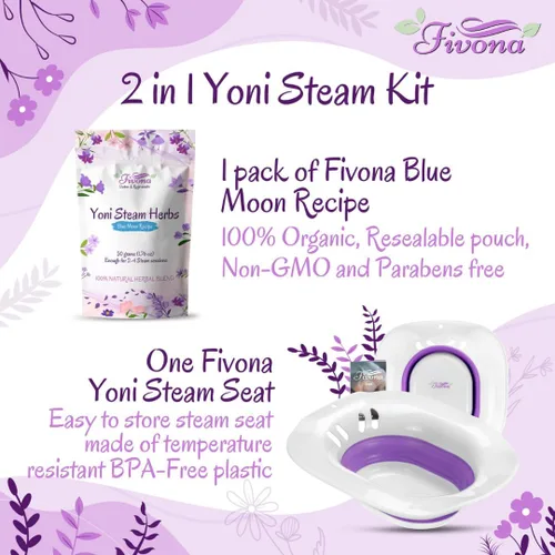 Vista 2 de Kit de vaporización yoni 2 en 1 FIVONA sobre el asiento del inodoro con hierbas de vapor V Receta Luna Azul para desintoxicación, limpieza