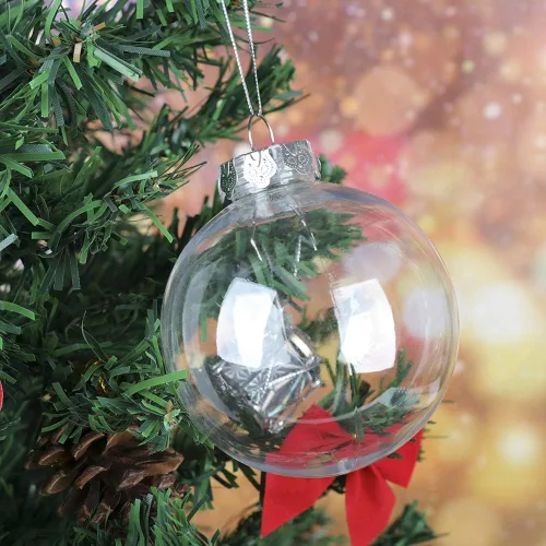 Vista 2 de DULRLLY 12 bolas de Navidad transparentes, 2.4 pulgadas, bolas de adorno de plástico transparente rellenables con una cuerda plateada y tapa