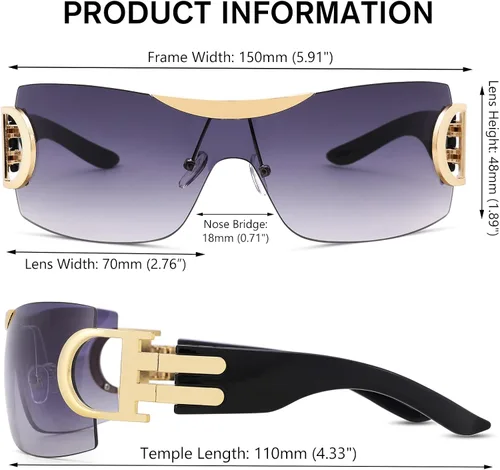 Vista 3 de Sunglasses For Women Men Fashion Shield Rimless Wrap Around Sunglass Trendy Oversized Square Sun Glasses