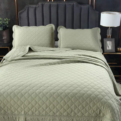 Vista 3 de vctops Juego de edredón bordado floral 100% algodón, 3 piezas, tamaño matrimonial/queen, reversible, con patrón de diamante, colcha acolchada Verde