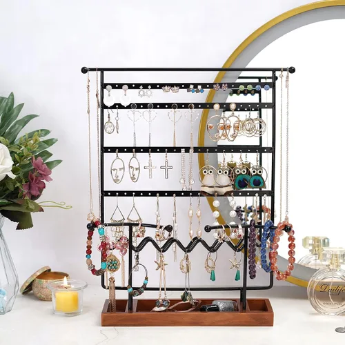 Vista 3 de Soporte organizador de aretes organizador de aretes con bandeja de madera soporte de joyería para collares aretes pulseras relojes y anillos soporte