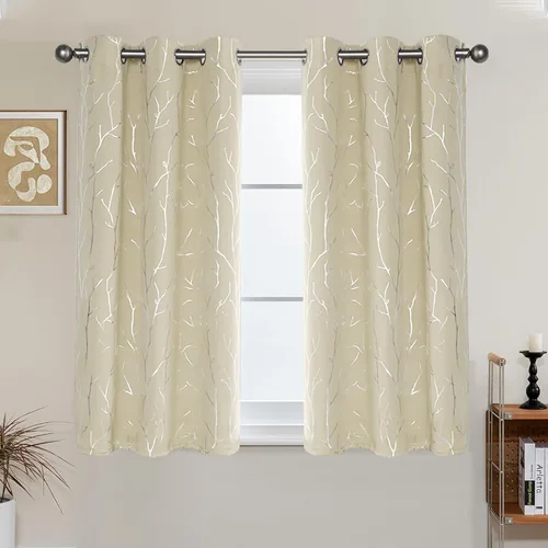 Vista 51 de BUHUA Cortinas pequeñas para ventana de 36 pulgadas de largo, 2 paneles, cortinas opacas con elegantes ramas de árbol plateadas, cortinas de bloqueo