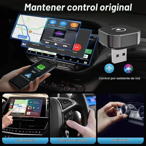Vista 4 de Adaptador inalámbrico CarPlay y Android Auto con cable CarPlay a dispositivo inalámbrico, mini en forma de T 2 en 1 para auto USB Plug and Play Auto