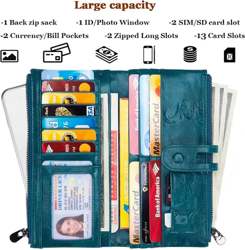 Vista 2 de Roulens Wallet for Women Large Capacity Genuine Leather Bifold RFID Blocking Card Holder Clutch Wallet with Zipper Pocket