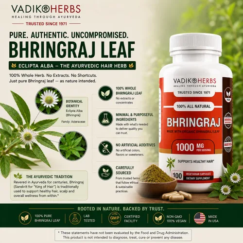Vista 6 de Vadik Herbs Bhringraj Cápsulas Hoja de Bhringraj orgánica entera (Eclipta alba) Hierba tradicional ayurvédica para cabello saludable, cuero