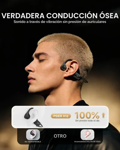 Vista 2 de PSIER - Auriculares de conducción ósea, auriculares Bluetooth 6.0 de oreja abierta, auriculares inalámbricos de 10 horas de reproducción