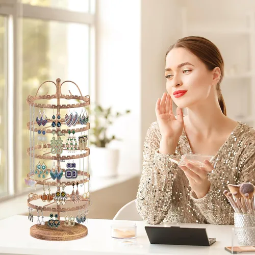 Vista 7 de LASZOLA Organizador de aretes de metal de 5 niveles, soporte giratorio estable de joyería para mujeres y niñas, 400 agujeros y ranuras, estante