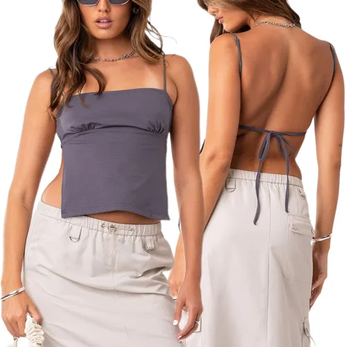 Vista 2 de FSCONAGE Camiseta sin mangas con tirantes delgados Y2K para mujer, sexy, cuello en V, con lazo, camiseta corta de verano, mini chaleco E-Girl