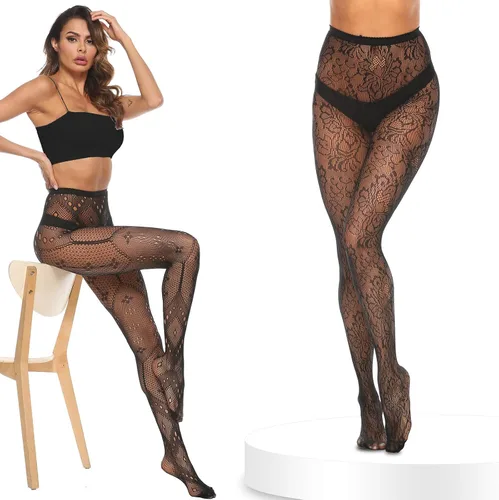 Vista 6 de MANZI 4 Pairs Womens Patterned Black Fishnet Stockings Tights Sexy Suspender Thigh High Mesh Cross Pantyhose