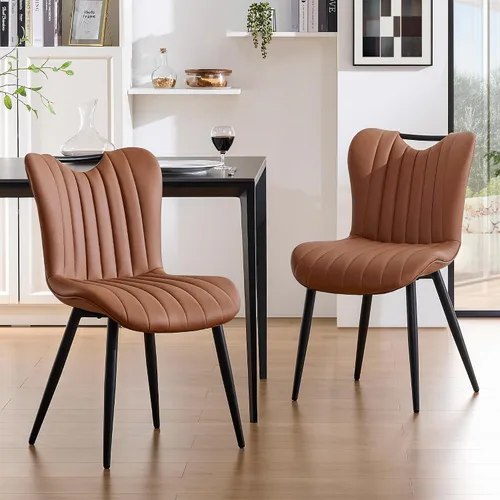 Vista 14 de Juego de 2 sillas de comedor tapizadas de cuero, modernas sillas de comedor de cocina de mediados de siglo con patas de metal negro, sillas