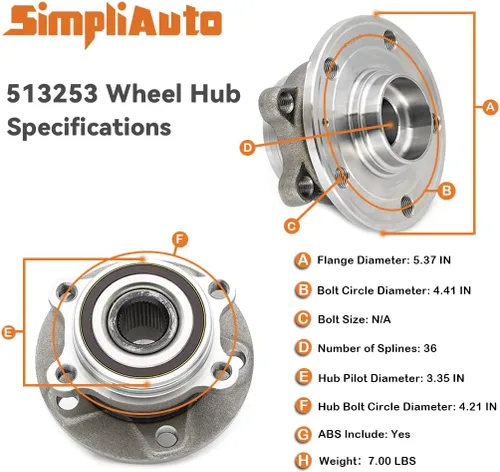 Vista 4 de 513253 Conjunto de rodamiento de cubo de rueda compatible con Audi A3 Q3 TT Quattro, Volkswagen Golf Jetta Passat Tiguan CC GTI R32 EOS Rabbit 5