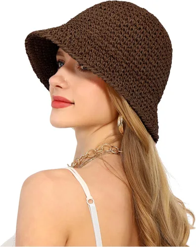 Vista 13 de Sombrero de sol para mujer, hecho a mano, con paja, protección UV, para viajes, verano, playa Caqui