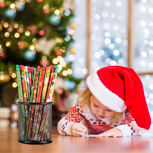 Vista 5 de Kolewo4ever 100 Piezas Lápices de Navidad Lápices de Madera Navideños con Gomas de Borrar en las Puntas Muñeco de Nieve, Papá Noel y Alce Surtido