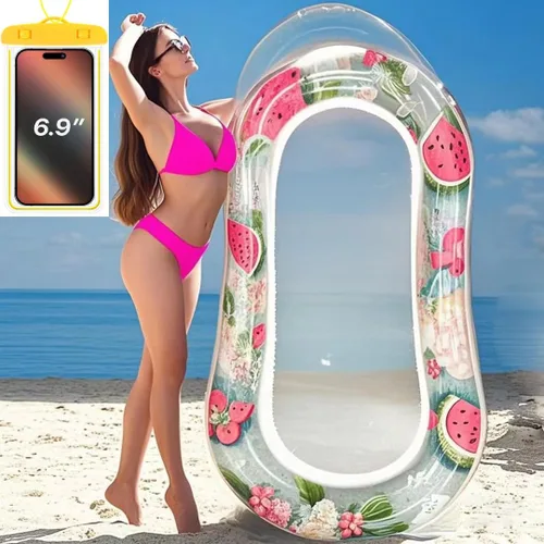 Vista 7 de Tumbona inflable para piscina con malla, hamaca de natación para adultos, diseño transparente de sandía/fresas, reposacabezas integrado, relleno