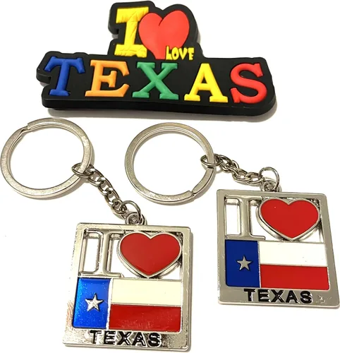 Vista 13 de Juego de 2 llaveros de recuerdo de Texas con imán para nevera con texto en inglés "I Love Texas", Diseño de horizonte de Dallas, Mediana