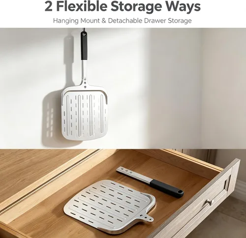Vista 8 de Pala de pizza de 12 pulgadas, pala grande de aluminio para pizza con mango ergonómico largo y superficie antiadherente perforada, accesorios