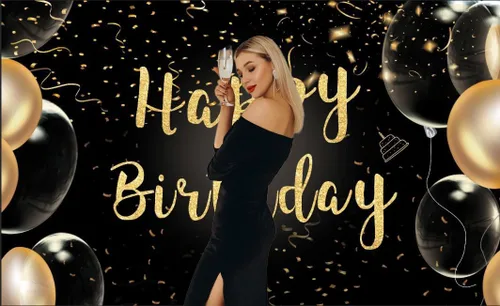 Vista 2 de 6 telón de fondo de cumpleaños negro y dorado de 3.6 pies, fondo de globo dorado transparente, telón de fondo de feliz cumpleaños para mujeres