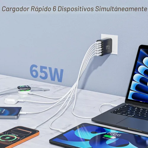 Vista 2 de Bloque de cargador USB C de 65 W, 2 unidades de 6 puertos Apple USB C GaN adaptador de corriente PD de carga rápida + enchufe de pared QC