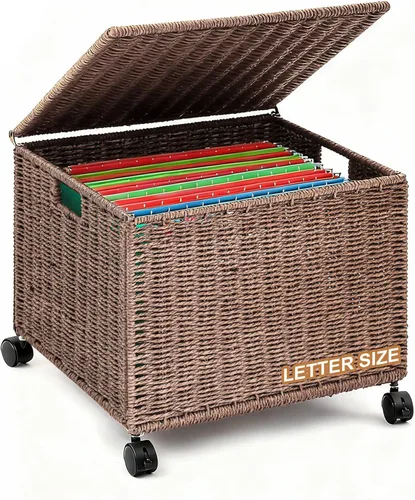 Vista 8 de Cinnvoice Archivador decorativo con ruedas de 14 x 12 x 11.5 pulgadas, organizador de mimbre para cartas y tamaño legal, cesta colgante tejida a