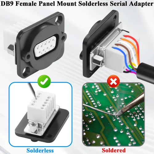 Vista 2 de QIANRENON Adaptador DB9 sin soldadura para montaje en panel, conector DB9 hembra a 9 pines, conector serial de montaje en mamparo, cableado D-SUB