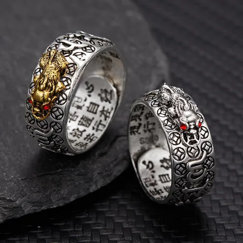 Vista 2 de SLINHEWEI Anillo de Feng Shui Pixiu Mantra 2023, anillo Pixiu Feng Shui para hombres y mujeres, anillo ajustable para riqueza y protección, amuleto