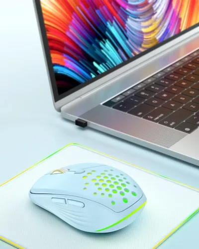 Vista 7 de UHURU Mouse inalámbrico para laptop, mouse LED recargable de 2.4G, ratones de computadora pequeños con clic silencioso, 3 DPI ajustables, 6 botones