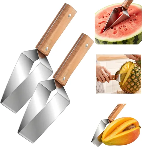 Vista 10 de Cortador de sandía triangular, mango de madera y cortador de melón de acero inoxidable, cortador de frutas para el hogar, cocina, camping, picnic