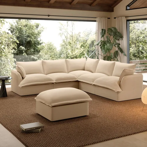 Vista 41 de Sofá modular de mezcla de lino para sala de estar, cómodo sofá modular con relleno de plumón, moderno sofá cama convertible con asiento profundo Café