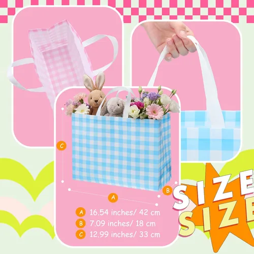 Vista 3 de Colarr 12 piezas bolsas de mano de Pascua extra grandes con asa, bolsa de regalo de primavera, no tejida, a cuadros búfalo, impermeable