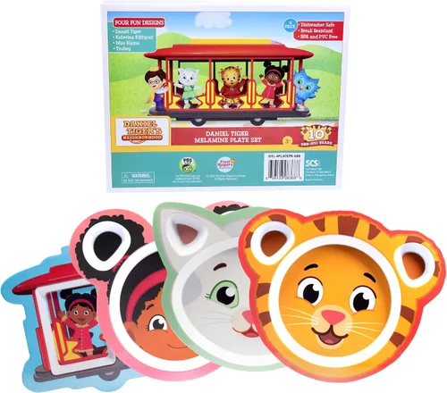 Vista 2 de Daniel Tiger - Juego de platos de alimentación de melamina, cuatro (4) lindos platos para niños con Daniel, carrito y amigos, compartimentos